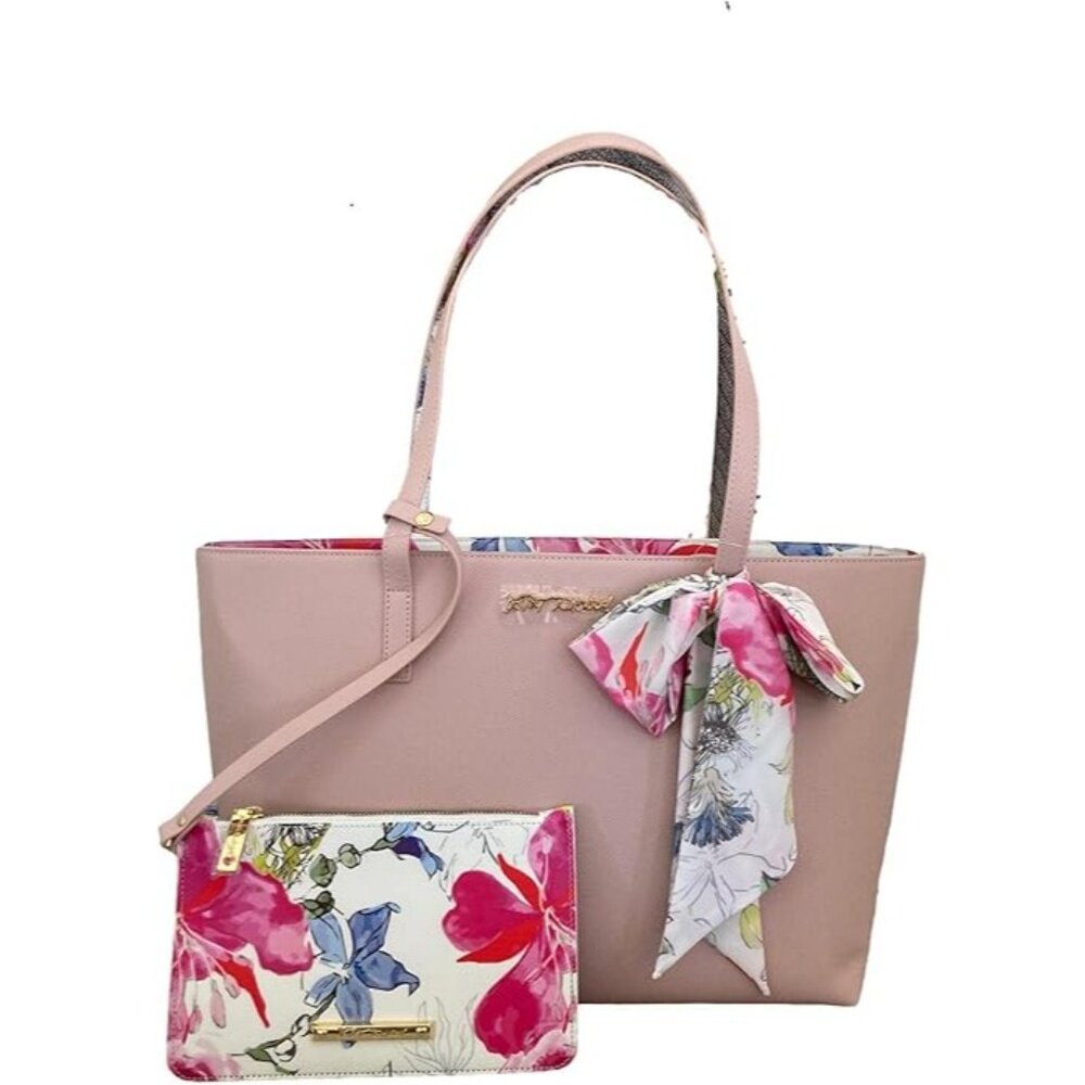Betsey Johnson Xozaria Large Tote Bag Blush Pink Floral Clutch Set Faux Leather